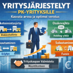 Infografiikka yritysjärjestelyt pk-yrityksille: liiketoimintasiirto riskienhallintaan, osakevaihto holding-yhtiörakenteeseen, jakautuminen liiketoimintojen eriyttämiseen, sulautuminen tehokkuuden parantamiseen sekä yrityskaupan valmistelu arvon kasvattamiseksi ja verotuksen optimointiin.